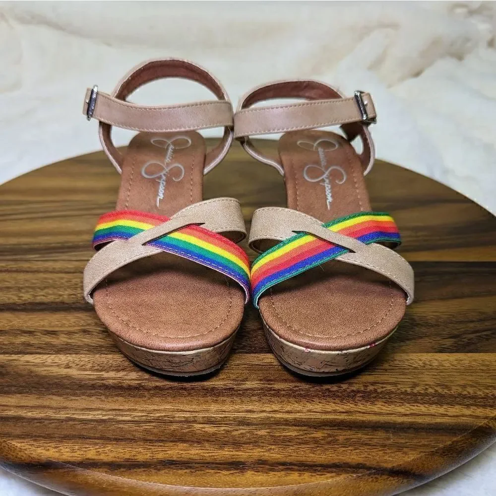 Jessica Simpson Kids Rainbow Strap Buckle Wedges Sandals Brown Size 4